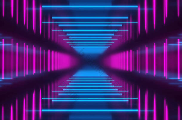 高度反光的黑暗科幻未来的空房间与许多霓虹灯管蓝色和紫色水平和垂直灯发光技术概念3d 渲染插图