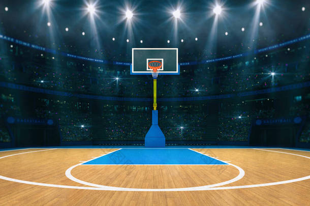 篮球运动领域。从室内看篮球场的木制楼层.篮球篮筐前视镜.体育背景数字3D图解.