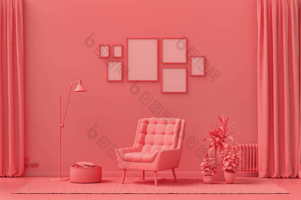 最简约的客厅室内，单面浅粉，粉红色，粉红色，墙壁上有7个框架，家具和植物，房间里有3D渲染，招贴画<strong>画廊</strong>墙壁