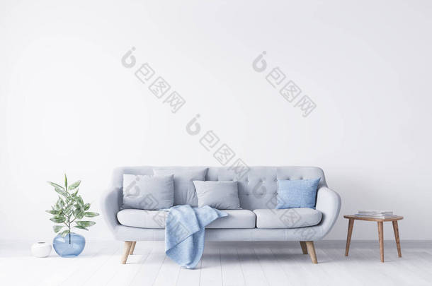 明亮的房间内部模拟灰色和浅蓝色的沙发，旁边是木制咖啡桌，上面有书籍。蓝色玻璃瓶,绿色植物.白色明亮的墙。空的空间概念.