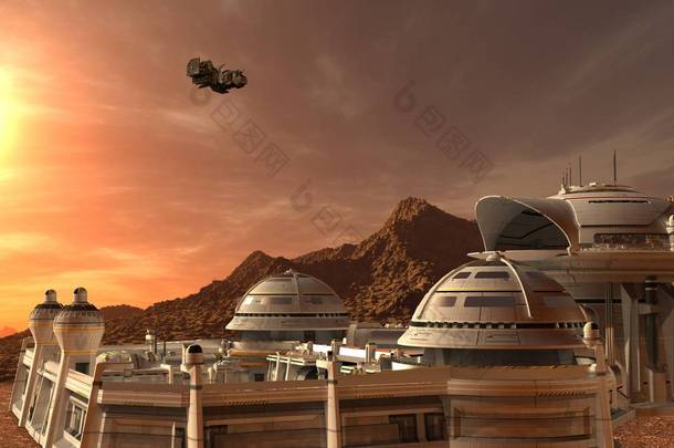 火星的殖民地。探险队在外星球上。火星上的生活。3d 图