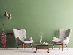 空心墙壁在柔和的现代内部与绿色墙壁, 软的扶手椅, 植物和灯。3d 渲染