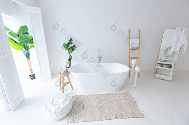 带有现代浴池、绿色植物和木制元素的风格别致的白色和简约的浴室室内设计