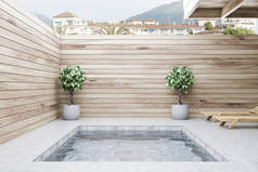 两个甲板椅站在小型私人泳池的豪华别墅与木墙附近。奢华的生活方式理念。3d 渲染