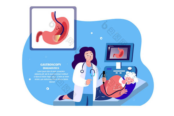 博士胃肠学家，胃镜研究，治疗老年退休养恤金领取者，Stomach Ache 。<strong>诊断</strong>，胃导管。腹部门诊会诊医院。图解