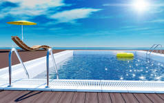 蓝色的泳池，带黄色生活圈浮在水面上，沙滩躺椅上与梧桐木地板、 阳光甲板上暑假的海景房