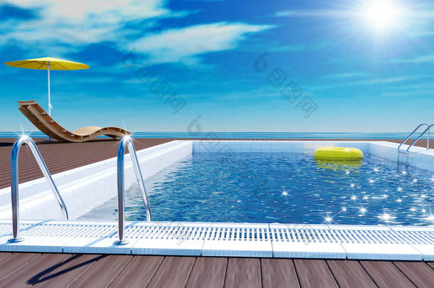 蓝色的<strong>泳池</strong>，带黄色生活圈浮在水面上，<strong>沙滩</strong>躺椅上与梧桐木地板、 阳光甲板上暑假的海景房
