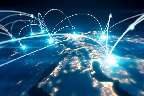 全球业务概念的连接和信息<strong>传输</strong>在世界3d 插图