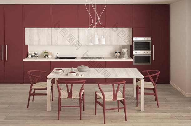 现代简约红色厨房，木质地板，经典内饰d
