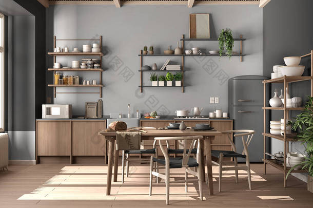 乡村厨房，<strong>绿色调</strong>的生态室内设计，可持续的聚餐地板，餐桌，椅子，木架和竹制天花板。自然可回收建筑概念