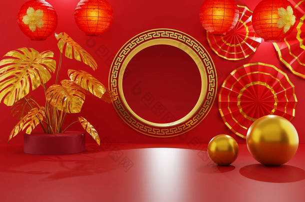 中国金门装饰着红灯笼和金黄色的热带雨林植物，背景为红色，球为金黄色