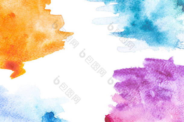 抽象画用橙色, 蓝色和紫色油漆笔触在白色 