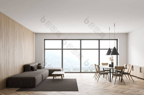 Inteiror of panoramic living room with wooden walls and floor, gray sofa and round dining table. 3d 