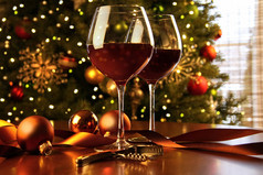 表在圣诞树上的红酒