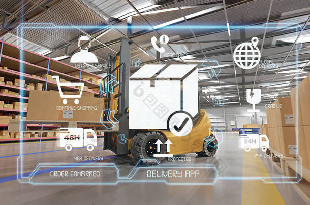 View of a Logistic delivery service <strong>app</strong>lication on a warehouse background 3d rendering