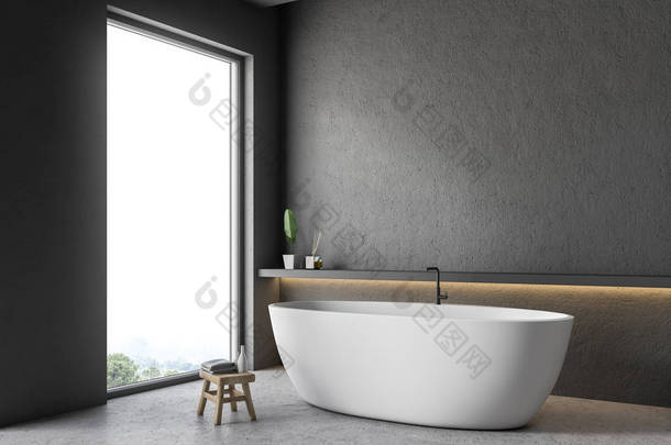现代化浴室的角落, 有灰色的墙壁、水泥地板和白色浴缸, 靠在墙上的架子旁。3d 渲染