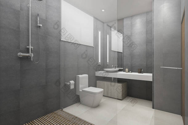 3d rendering modern loft toilet and shower with wood floor