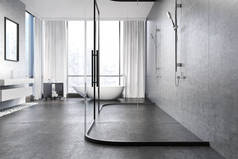 灰色混凝土浴室、淋浴间
