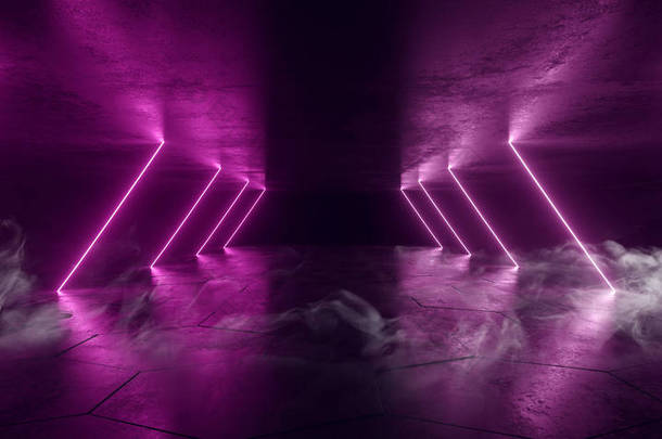 烟雾氖激光发光紫色三角形走廊科幻未来主义者