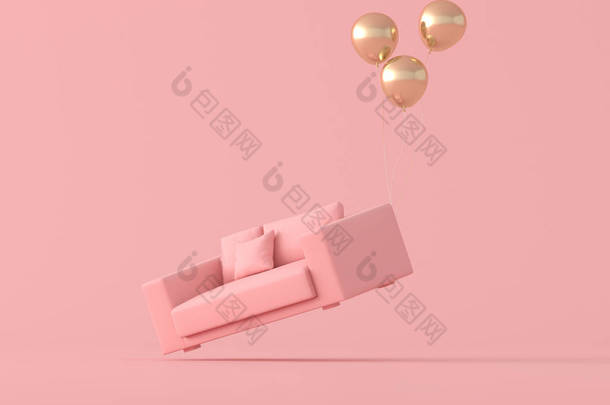 粉色沙发的抽象概念是由孤立在粉色背景上的金<strong>气球漂浮</strong>而成，m