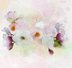 春夏花卉收藏的白色玫瑰和紫罗兰色樱花