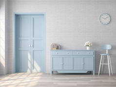 复古客厅3d 渲染, 有白色的砖图案墙, 木地板, 蓝色柔和的颜色门和柜子, 房间里有阳光照在墙上.
