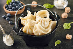 带蓝莓的饺子。Berriesjiaozi, 点心, 模沫或高在黑暗背景。以肉类、鱼、蔬菜或糖果为主食的亚洲面团食品