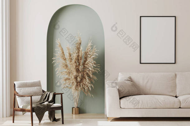 客厅内的米色墙壁上的空的招贴画框架，配有<strong>现代家具</strong>和装饰绿色拱门，有时髦的干花，白色沙发和扶手椅，3D渲染