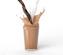 咖啡和牛奶倒进一个充满混合液体的杯子里, 溅起水花。隔离在白色背景上。包括裁剪路径.
