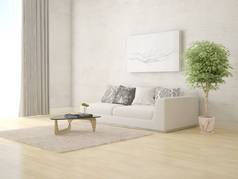 模拟一个明亮的客厅, 舒适舒适的沙发和灯光背景.