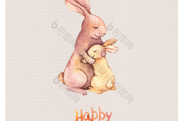 <strong>手绘贺卡</strong>母亲节与可爱的动物 - 妈妈兔子拥抱她的孩子。水彩画
