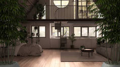 盆栽竹木，自然室内设计理念，带大卧房的乡村客厅，鲱鱼骨，沙发和楼梯。 当代室内设计