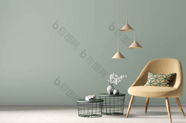 有咖啡桌的黄色扶手椅，绿色墙壁上的灯，<strong>现代客厅</strong>的室内设计，家庭3D渲染