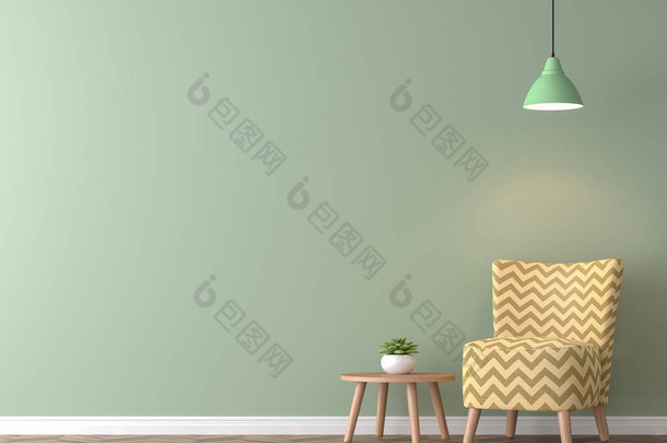 现代复古客厅与绿色墙3d 渲染图像。有简约风格的形象, 绿色的空墙和黄色的家具