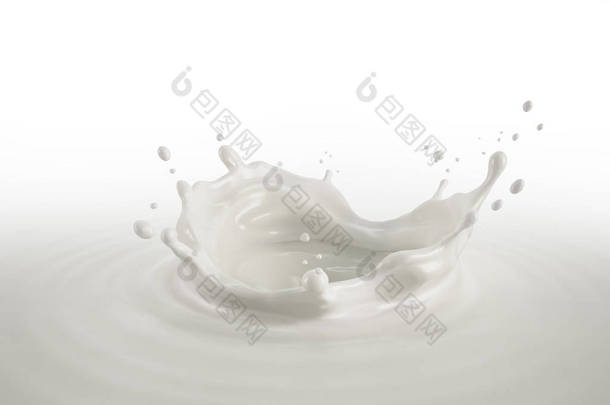 奶冠飞溅, 溅在牛奶池中, 带有涟漪。鸟图。在白色背景上。包括裁剪路径.