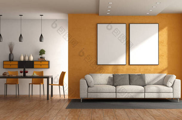 现代客厅，沙发靠墙，餐桌靠椅- 3D渲染