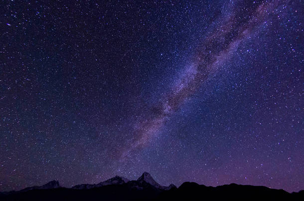 位于尼泊尔Poon Hill附近<strong>的</strong>Annapurna山<strong>的</strong>银河系和<strong>天空</strong>中<strong>的</strong>数十亿颗恒星.