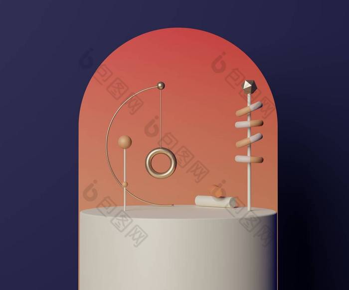 3D几何图形。空荡荡的讲台上的模拟。空旷的时装表演舞台,底座,店面五彩缤纷.产品展示的最小场景。化妆品广告的背景摘要.