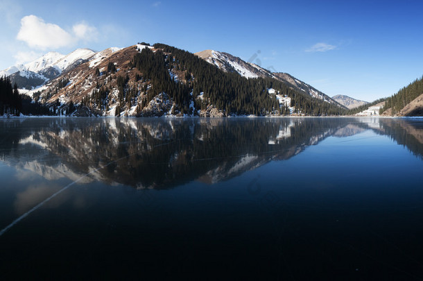 pano-天山山脉，kazkahstan 冷冻中间 kolsay 湖