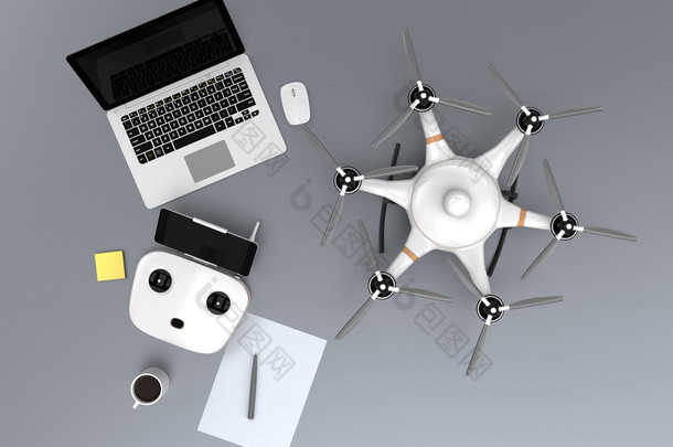 顶视图 hexacopter、 远程控制器、 便携式计算机.