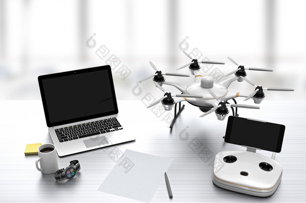 Hexacopter，远程控制器，桌上的笔记本电脑