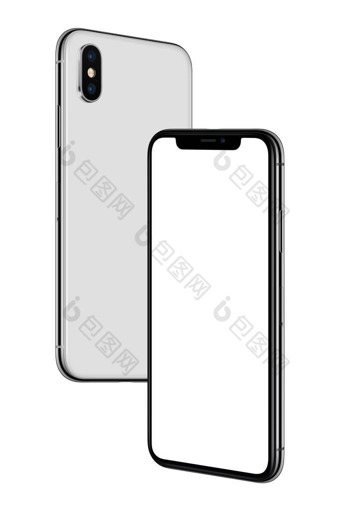 在空中飞翔的模拟转向彼此白色智能手机类似于iphone X正面和背面
