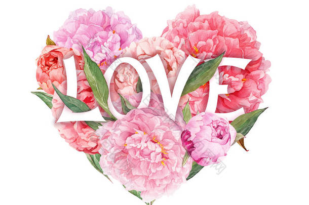 花的心-<strong>粉红</strong>牡丹花和文本的爱。水彩