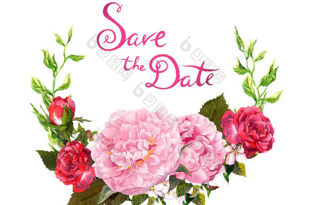 花圈-粉红牡丹花。保存为婚礼日期卡。水彩