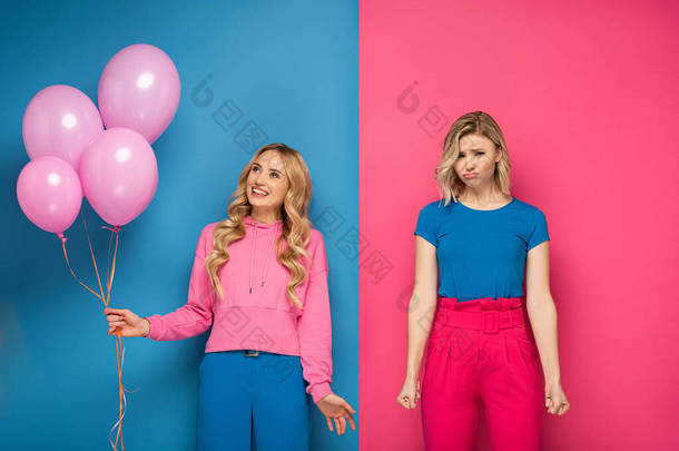 带着气球的金发女孩在<strong>忧伤</strong>的姐姐身边笑着，背景是蓝色和粉色的