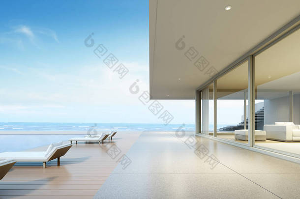 现代豪宅的<strong>建筑设计</strong>，别墅有木质露台和游泳池的海景背景，外观概念。3d 渲染.