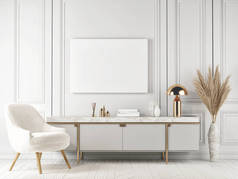 招贴画,白色室内装饰风格,家居装饰餐具柜, 3D渲染, 3D插图