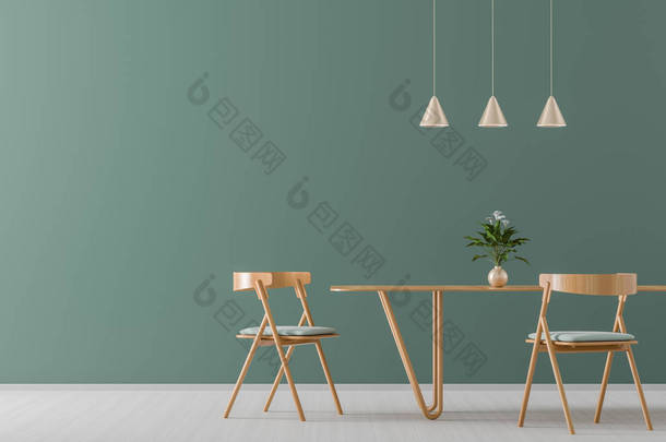 宽敞的现代用餐室配有木椅和桌子。微量