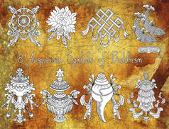 八种佛教吉祥符号的纸纹设计.