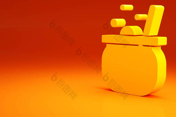 黄色万圣节女巫大锅图标孤立在橙色背景。万圣节快乐派对最低纲领的概念。3D渲染3D插图.